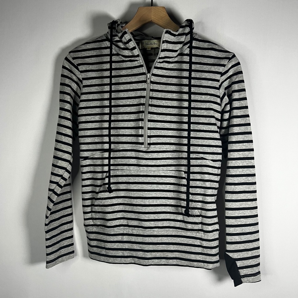 Vanilla Bay Sweater Women Small Gray Black Striped Hooded Pullover Sweatshirt‎